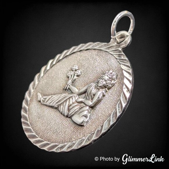 Vintage Sterling Silver Virgo Zodiac Pendant S&K Maiden Relief Medallion 60s 70s - Picture 3 of 7